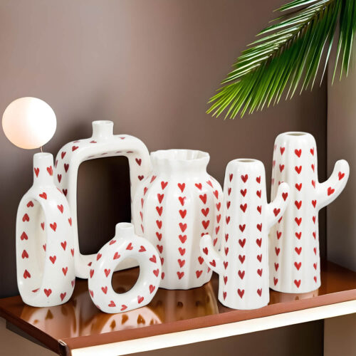 Ceramic Adda's Hand-Painted Red Hearts Contemporary Vases - Set of 2