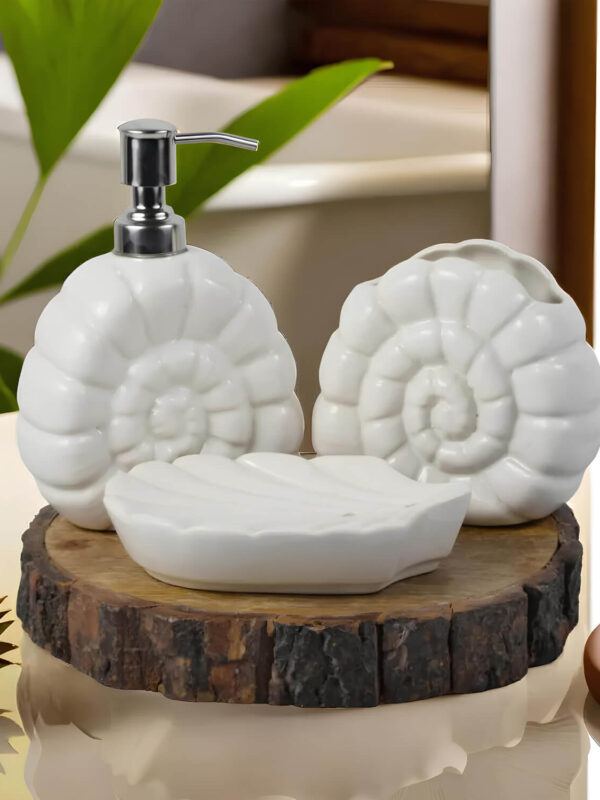 Ceramic Adda's Shell Inspired Bathroom Set - Beautiful Ceramic Soap Dispenser, Toothbrush Holder, and Soap Dish