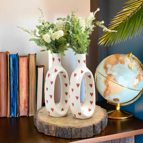 Ceramic Adda's Hand-Painted Red Hearts Contemporary Vases - Set of 2