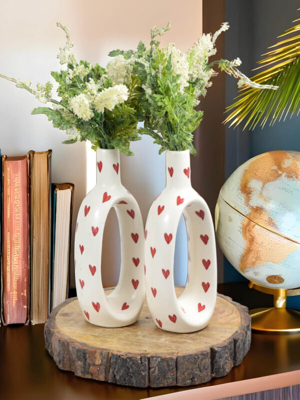 Ceramic Adda's Hand-Painted Red Hearts Contemporary Vases - Set of 2