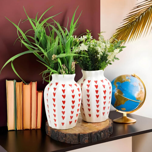 Ceramic Adda's Hand-Painted Red Hearts Contemporary Vases - Set of 2