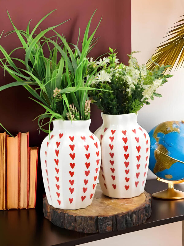 Ceramic Adda's Hand-Painted Red Hearts Contemporary Vases - Set of 2