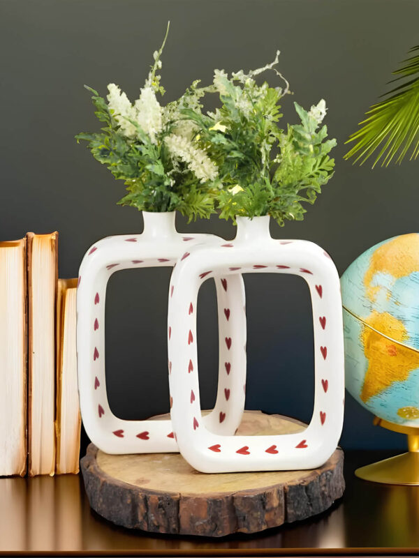 Ceramic Adda's Hand-Painted Red Hearts Contemporary Vases - Set of 2