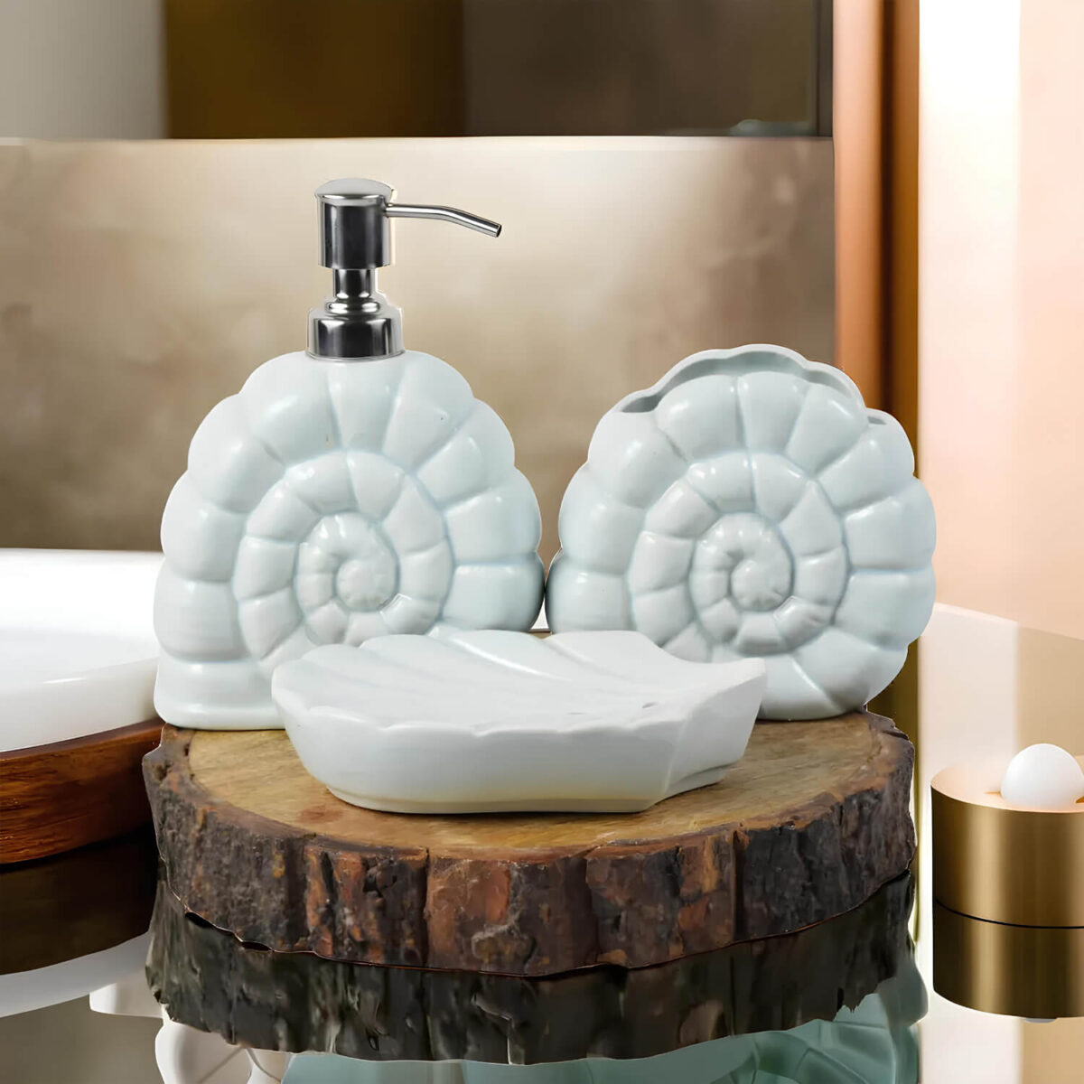 Ceramic Adda's Shell Inspired Bathroom Set - Beautiful Ceramic Soap Dispenser, Toothbrush Holder, and Soap Dish