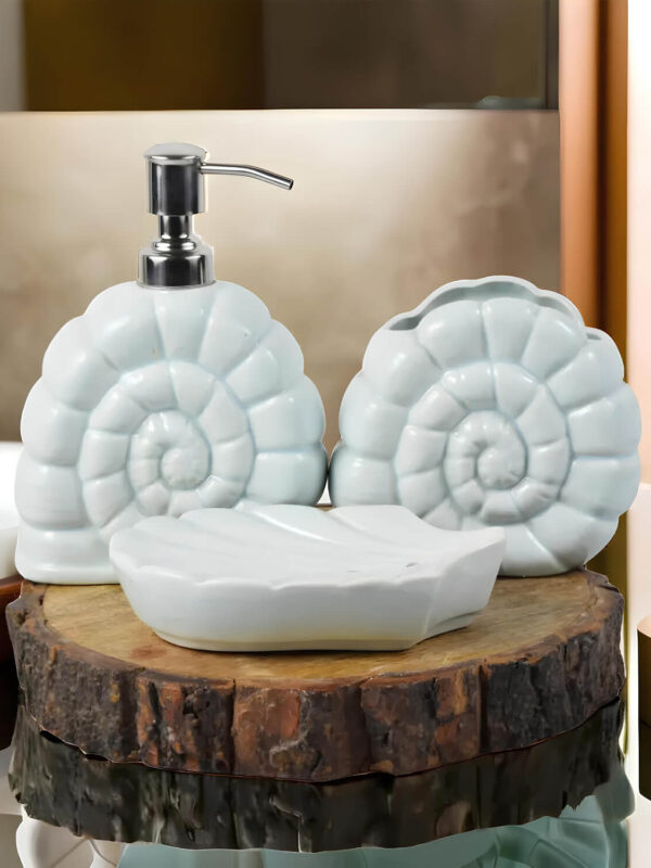 Ceramic Adda's Shell Inspired Bathroom Set - Beautiful Ceramic Soap Dispenser, Toothbrush Holder, and Soap Dish