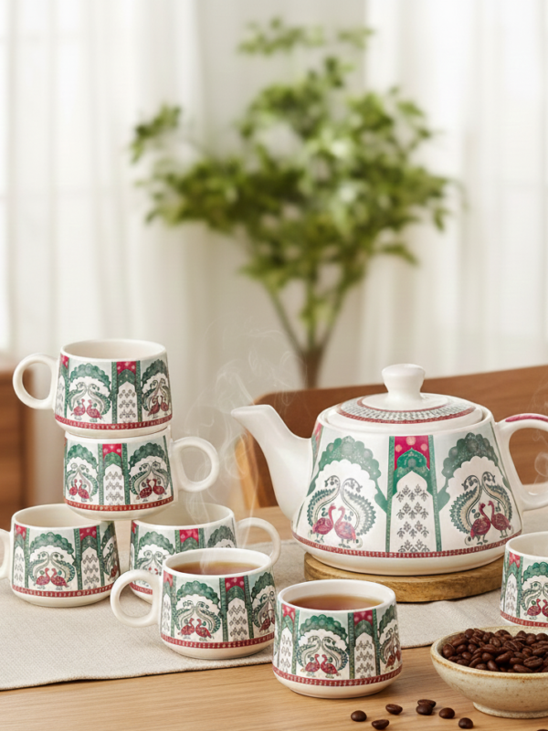 Vintage-Inspired Peacock & Floral Ceramic Kettle Set
