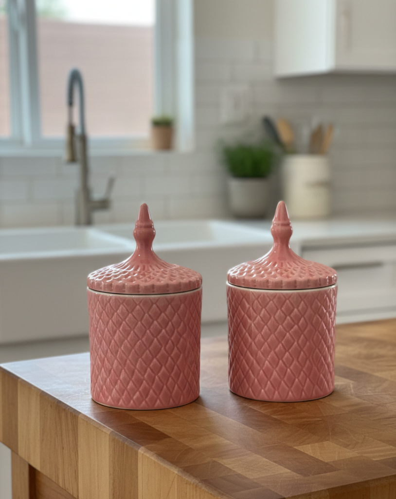 Pink Ceramic Canisters – Set of 2 Diamond Textured Decorative ...